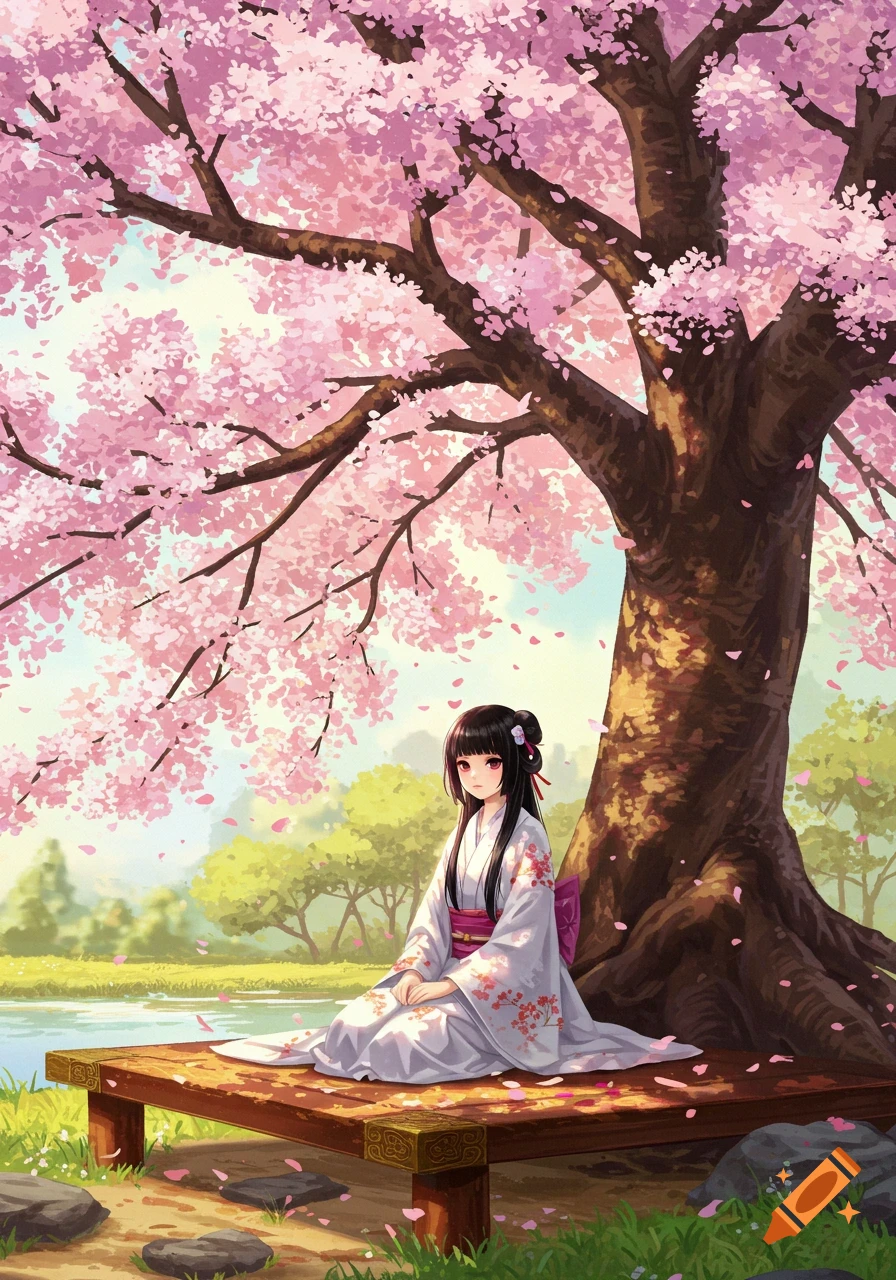 An anime girl in a white kimono sits under a blooming pink cherry blossom tree next to a pond, in an anime style.