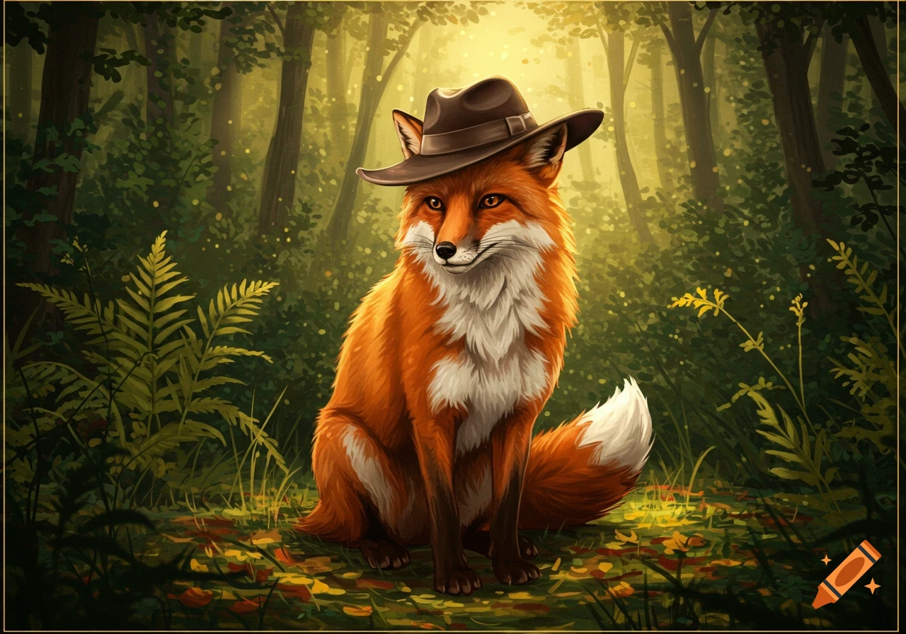 An illustrated orange and white fox wearing a brown fedora sits in a sunlit forest.