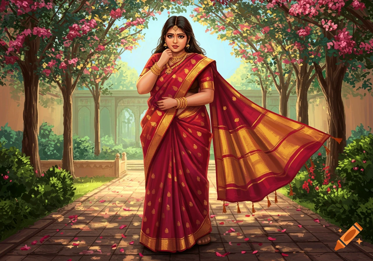 A shy Indian woman in a red and gold saree stands on a path in a lush garden with pink flowering trees and traditional architecture.