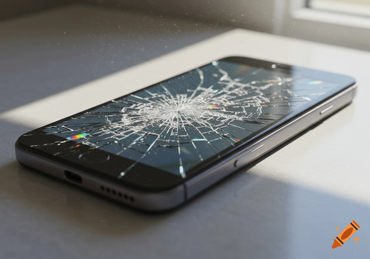 A close-up, photorealistic view of a black smartphone with a severely cracked screen, lying on a light surface.