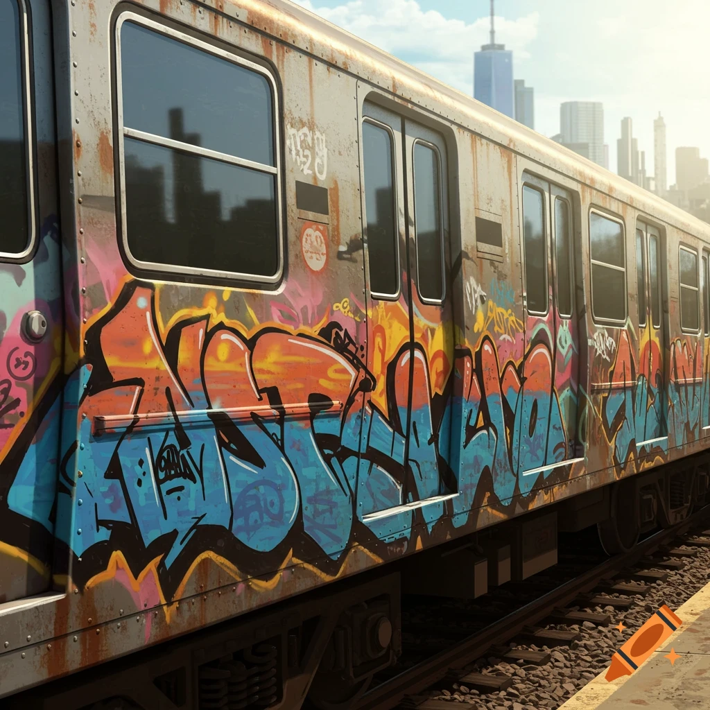 A rusty train car covered in vibrant, colorful graffiti sits on tracks in an urban setting with a city skyline in the background.