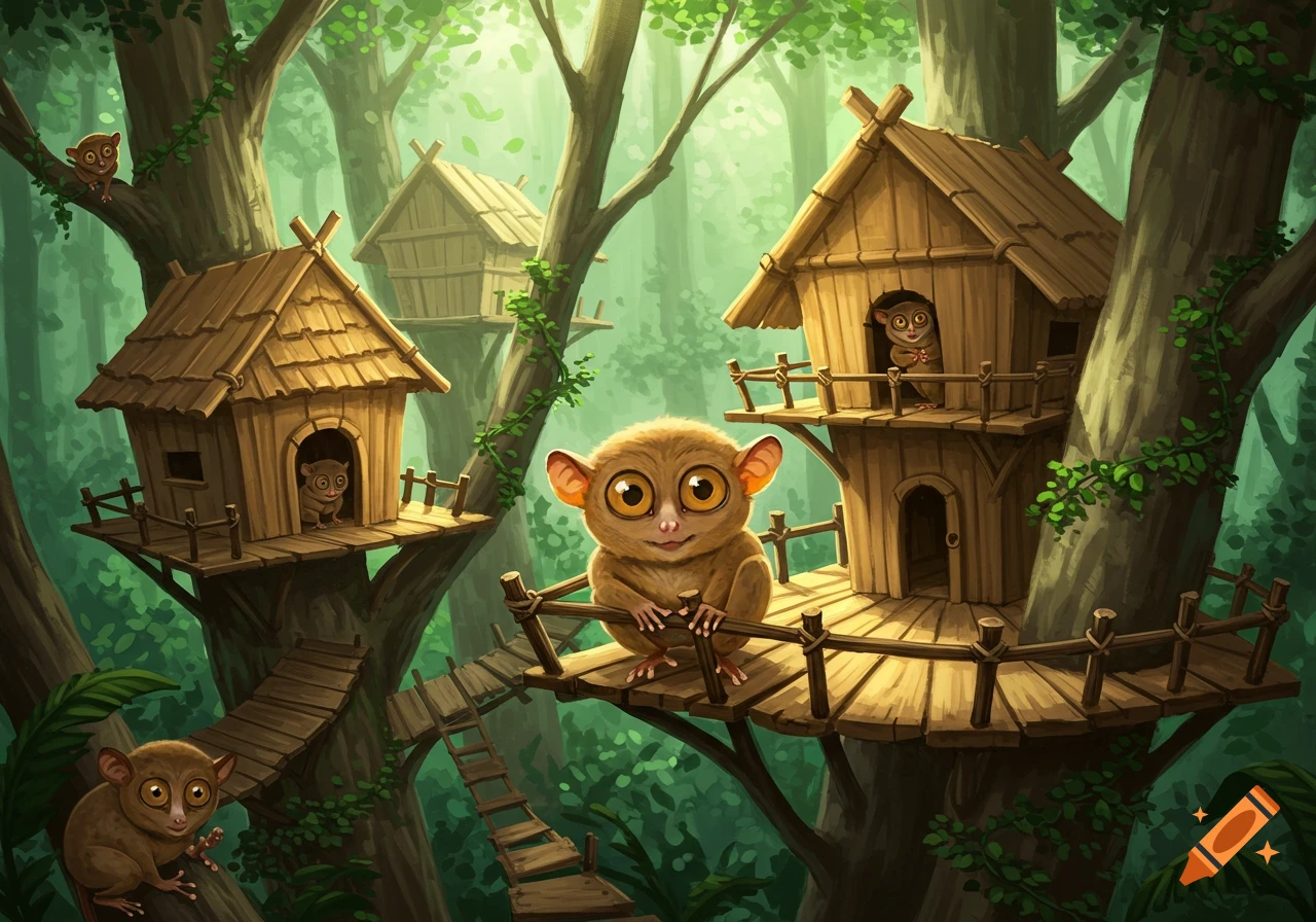 Cute cartoon tarsier on a tree hut platform in a lush jungle, with other tarsiers and huts. Illustration.