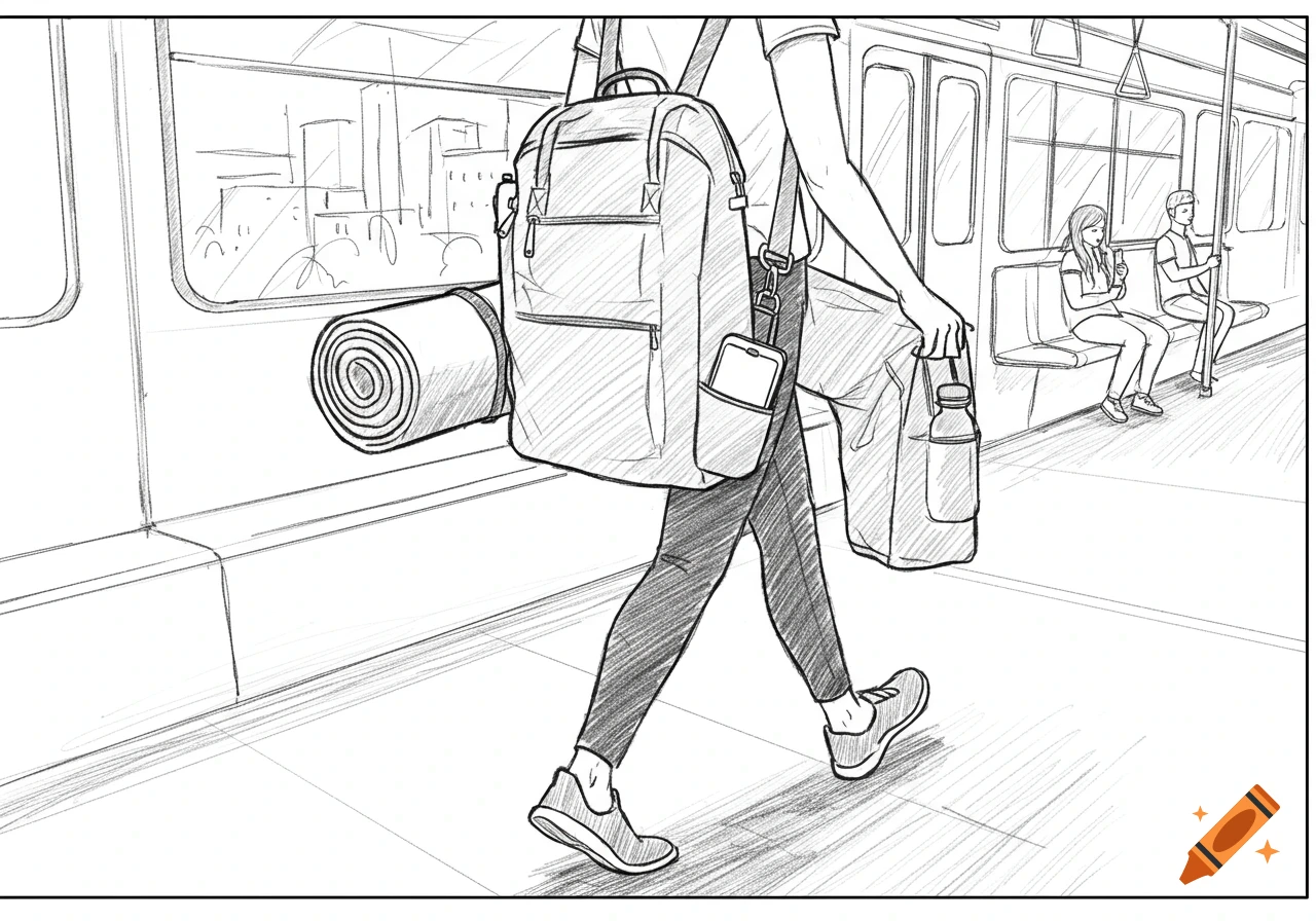 A black and white sketch of a person with a backpack and yoga mat walking inside a train. Other passengers are seated in the background.