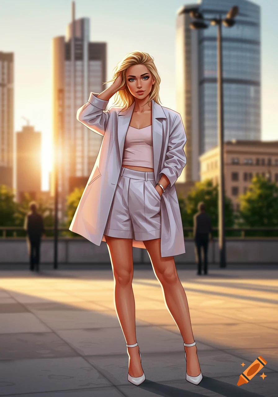 An illustrated blonde woman in a white coat, pink top, and shorts stands on a city street at sunset.