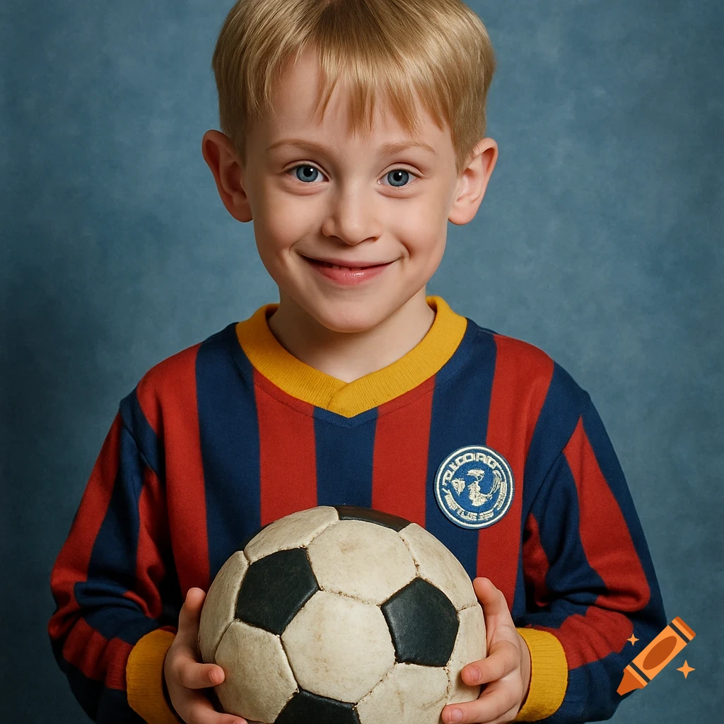 Smiling blond boy in a striped soccer jersey holds a soccer ball against a blue background, looking at the camera.