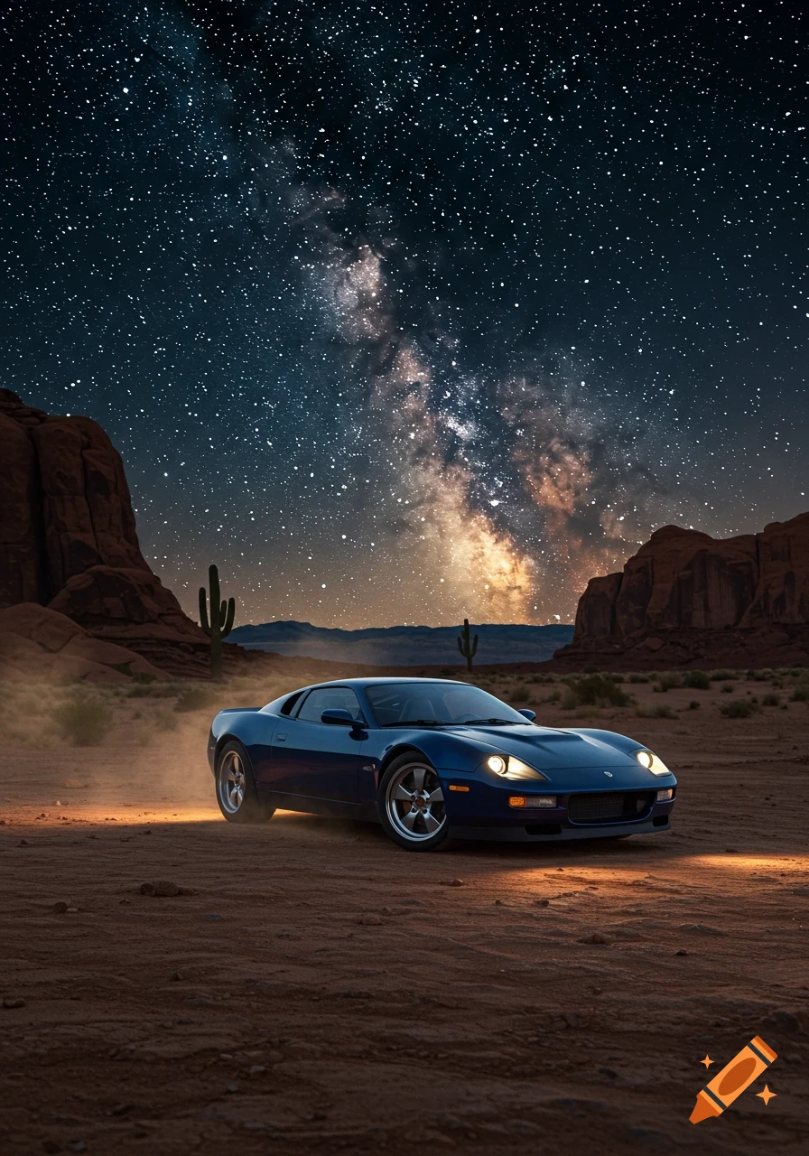 A blue sports car with headlights on in a dusty desert at night, under a clear sky full of stars and the Milky Way.