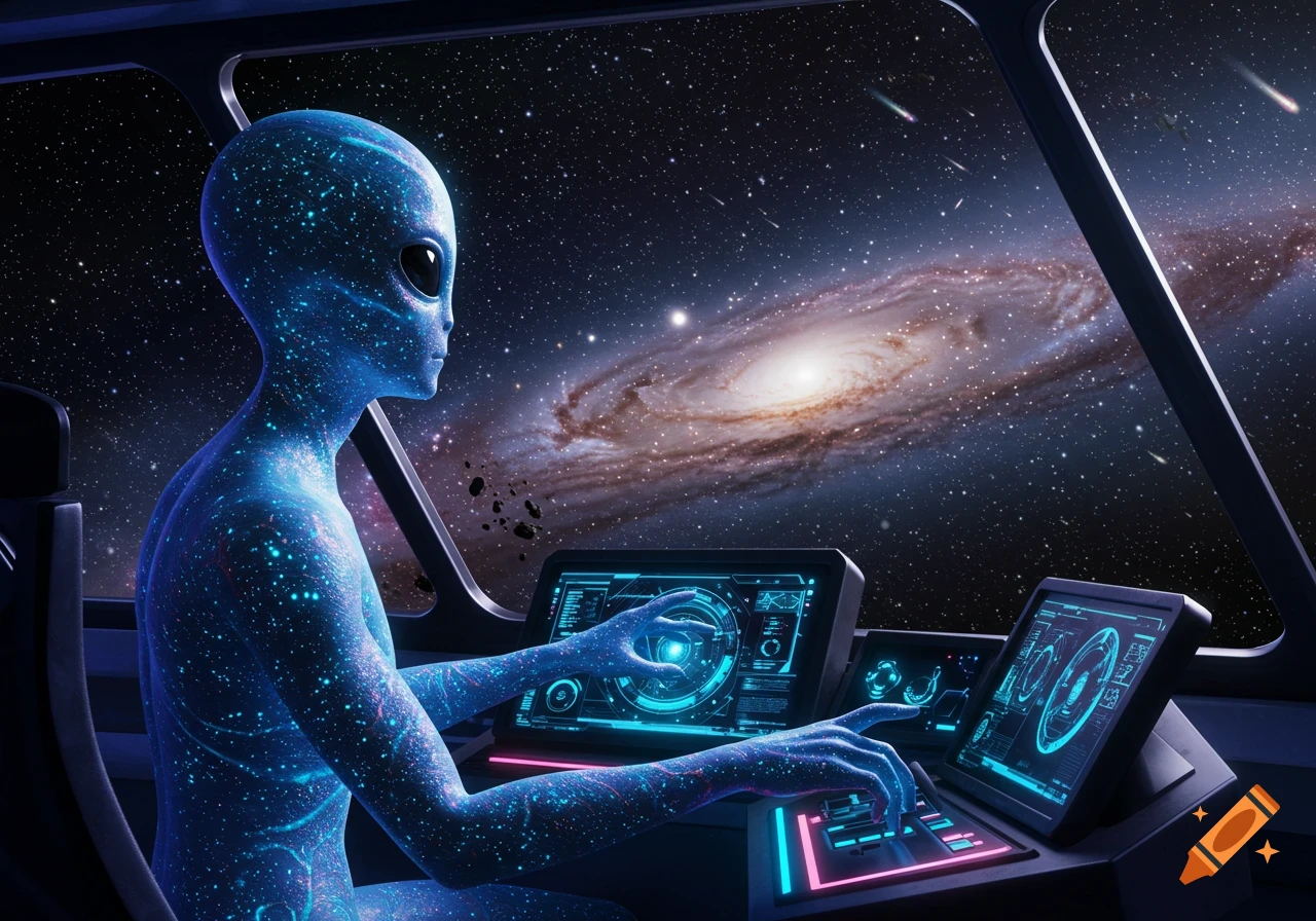 A blue, glowing alien with large black eyes operates a spaceship control panel, looking out at a vibrant galaxy and stars through the front window.