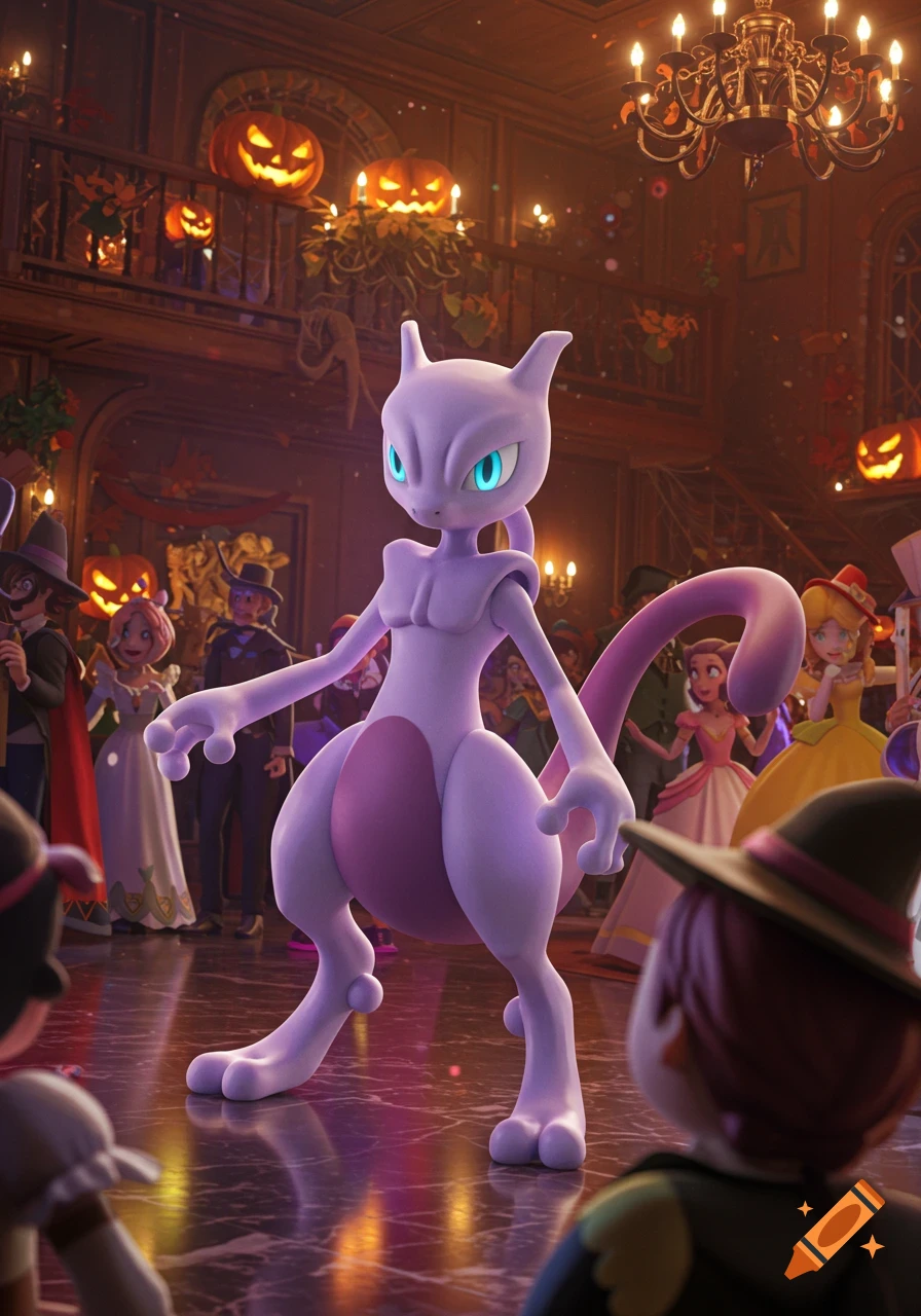 Mewtwo stands prominently at a Halloween costume party, surrounded by other costumed guests and jack-o'-lanterns.