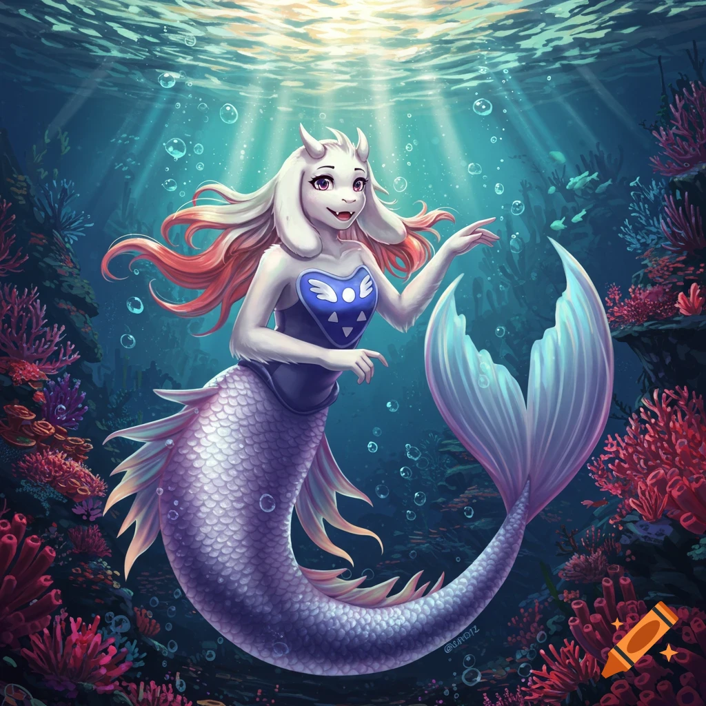 Toriel mermaid character with white fur, horns, and a purple fish tail swims in a vibrant underwater coral reef.