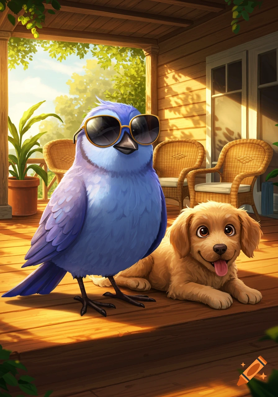 Cartoon blue bird in sunglasses and a happy puppy on a sunny wooden porch.