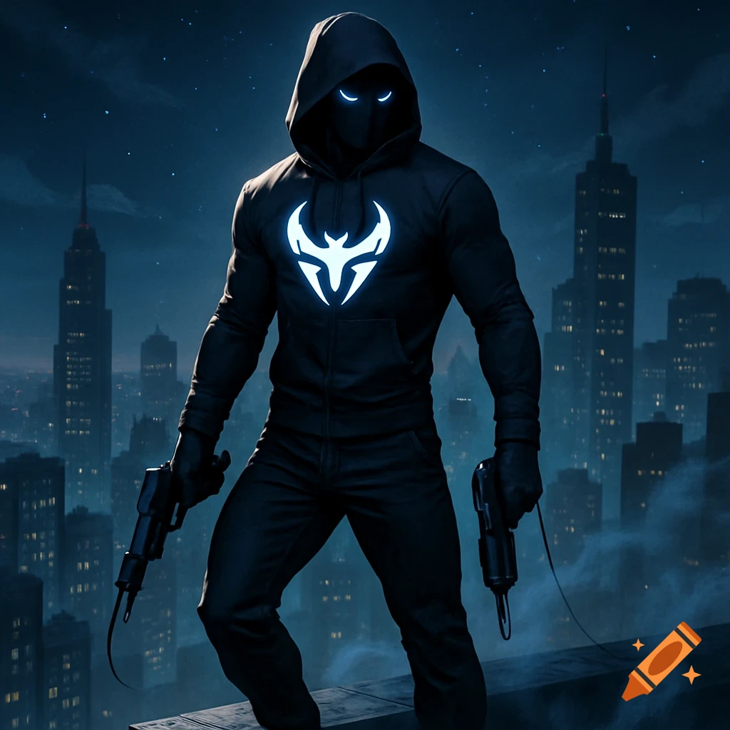 A hooded superhero in a black sweatshirt with a white glowing logo and glowing eyes stands on a rooftop overlooking a city at night, holding grapple guns.