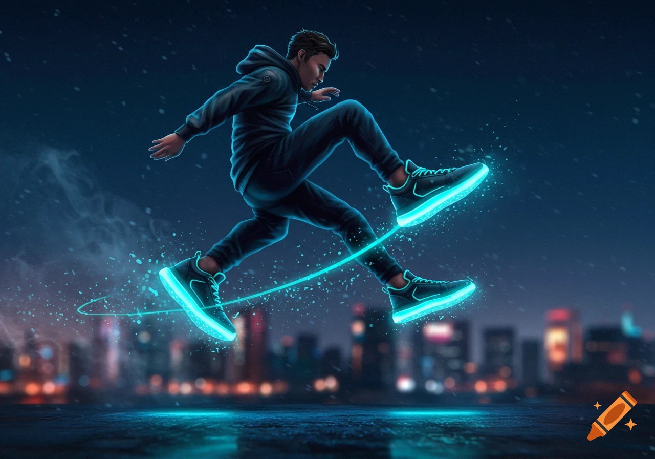 Man in a hoodie leaps over a glowing turquoise line, his sneakers bright against a blurred futuristic city at night.