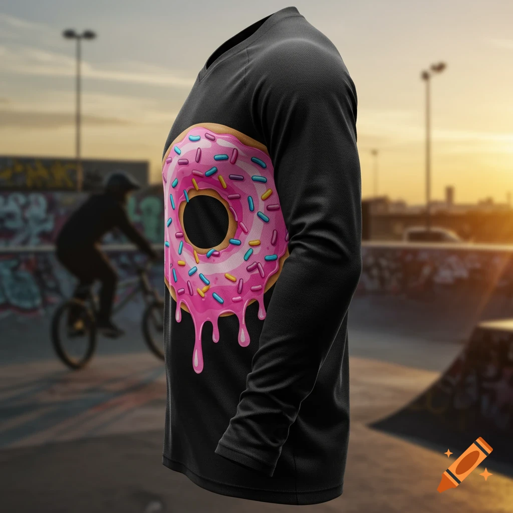 Black long-sleeved t-shirt with a pink donut and sprinkles design, in a blurred skatepark background at sunset.