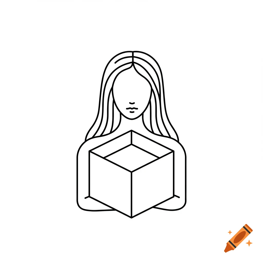 A minimalist line art illustration of a woman with long hair holding a cubic box at chest level.