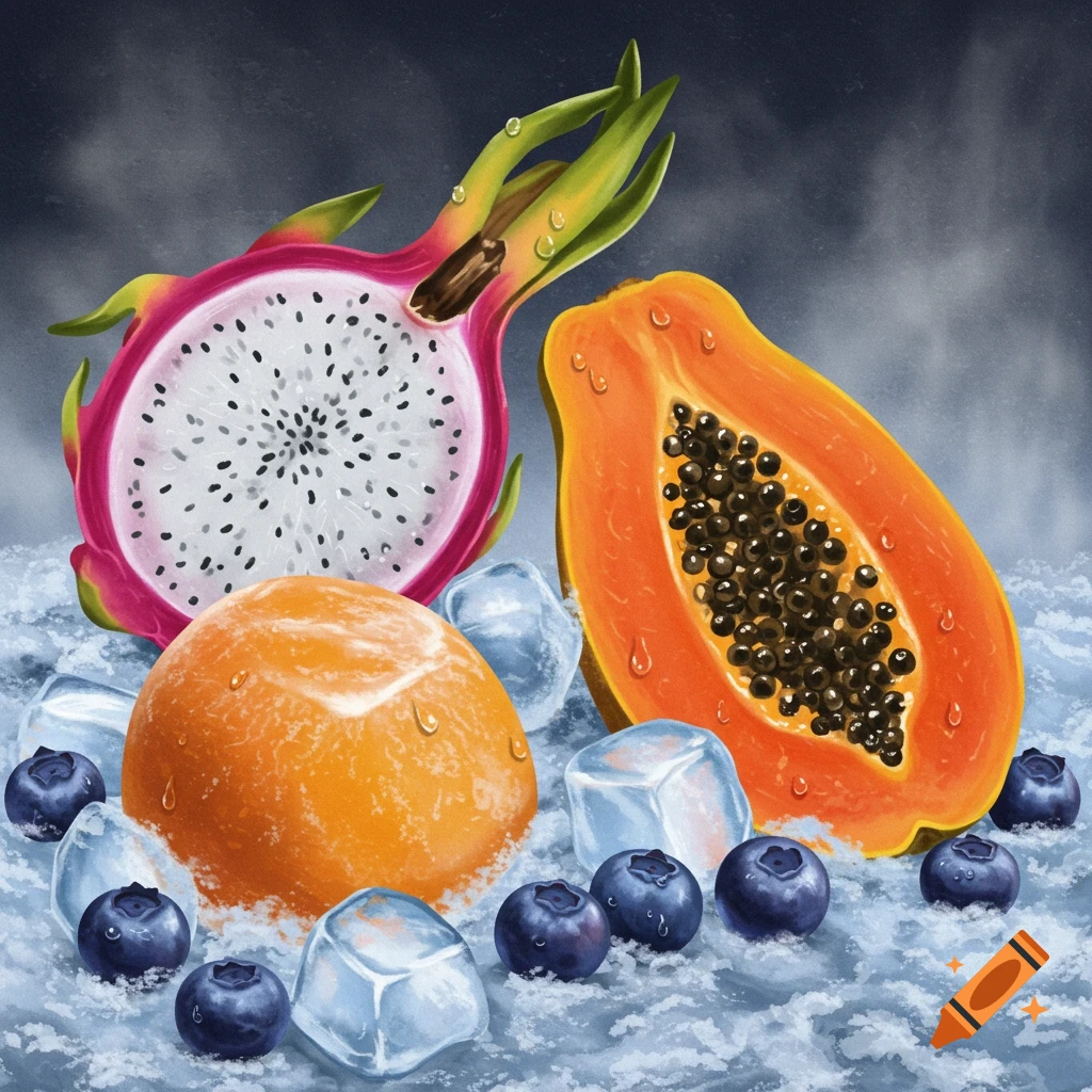 A vibrant still life of cut dragon fruit, papaya, an orange-like fruit, and blueberries chilling on a bed of ice, in a painterly style.