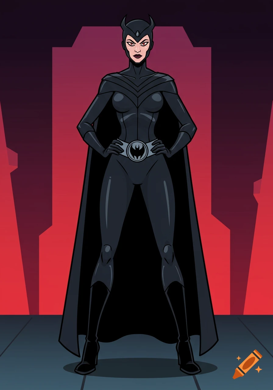 A female supervillain in a black skin-tight suit, cape, and horned headpiece, standing against a red and gray background in a cartoon style.