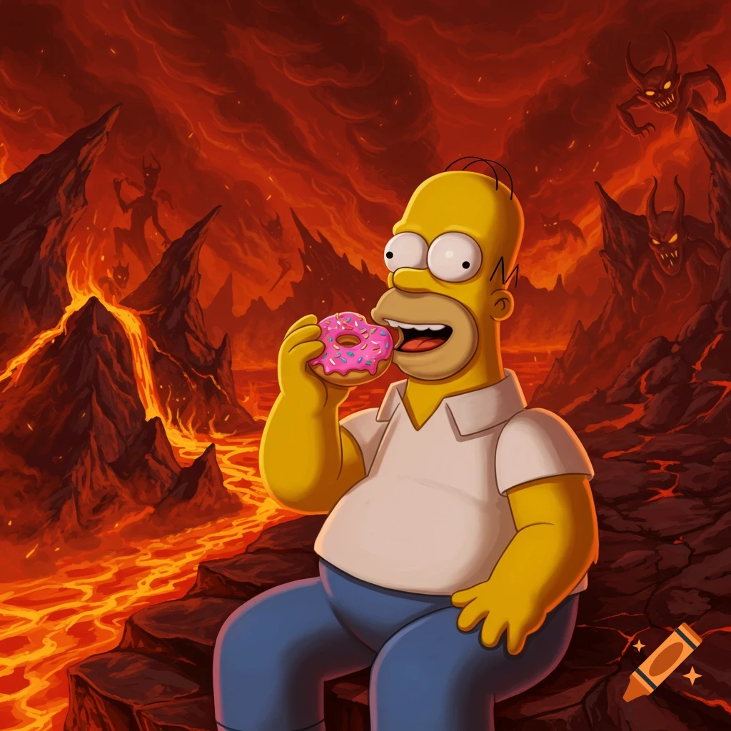 Homer Simpson happily eats a pink donut in a vibrant, cartoonish hellish landscape with lava and demons.