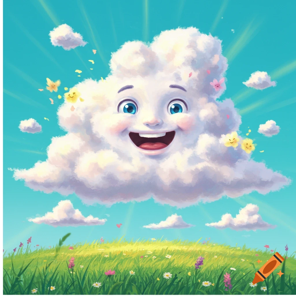 A happy cartoon cloud with a cheerful face floats above a vibrant green field with colorful flowers under a bright blue sky.