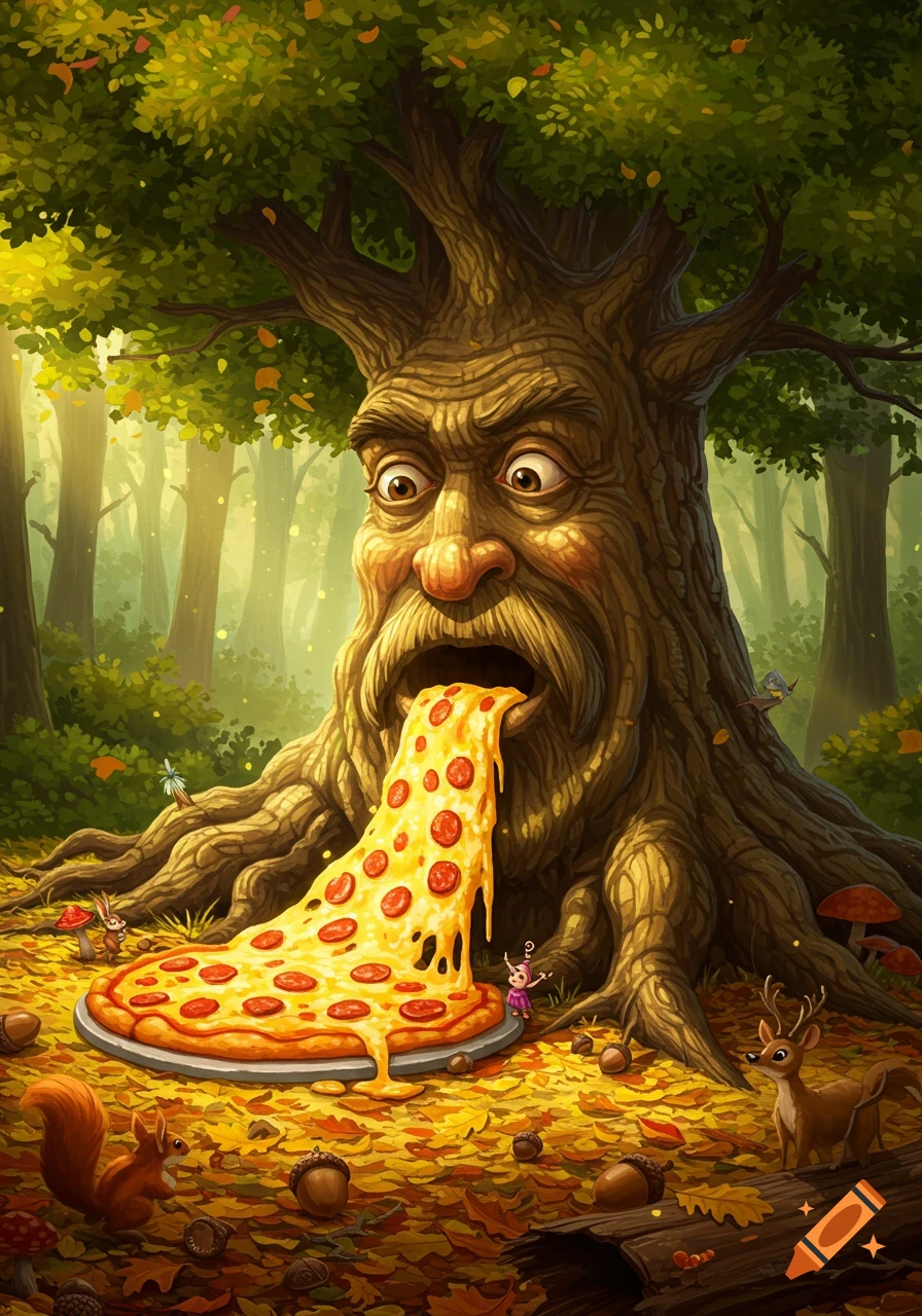 A whimsical tree with a face vomits a cheesy pepperoni pizza onto a forest floor covered in autumn leaves, surrounded by small animals and fairies in a fantasy illustration.
