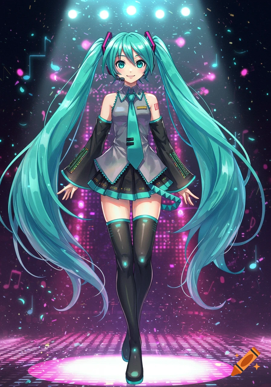 Hatsune Miku, a turquoise-haired anime character with long twin tails, stands on a glowing stage under spotlights, surrounded by musical notes.