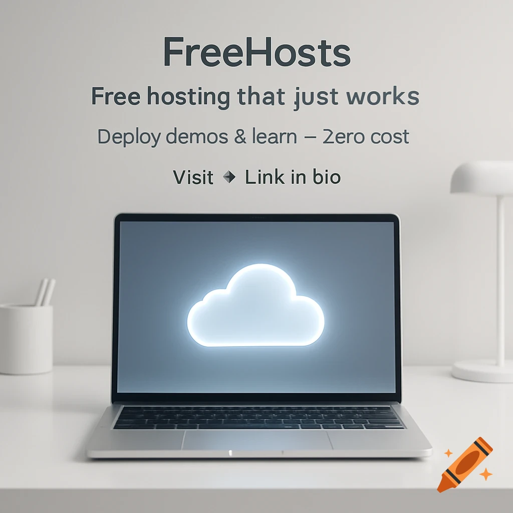 A minimal workspace with a laptop displaying a glowing cloud icon, and promotional text for "FreeHosts" on the wall behind it.