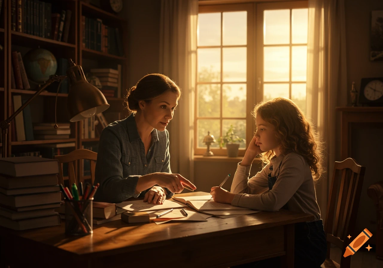 A woman tutors a young girl at a wooden desk with books and papers, bathed in warm sunlight from a large window.