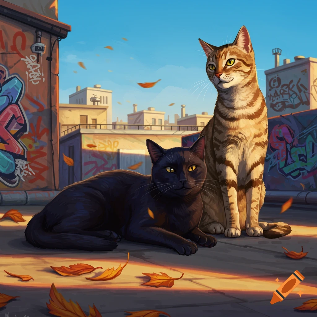 A black cat and a tabby cat sit on a sunlit urban rooftop with autumn leaves and graffiti.