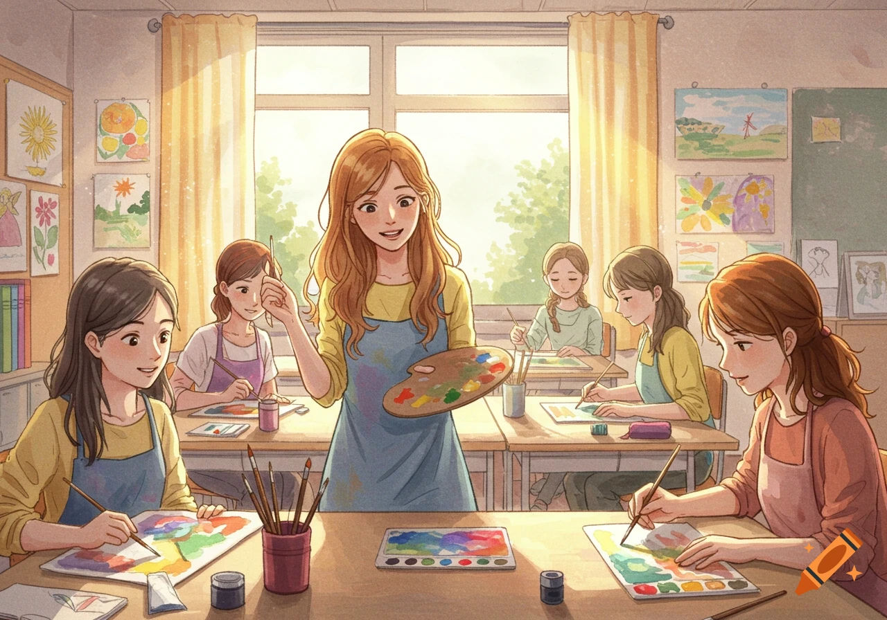 A smiling female art teacher holds a palette while students paint in a bright classroom, in a warm watercolor illustration style.