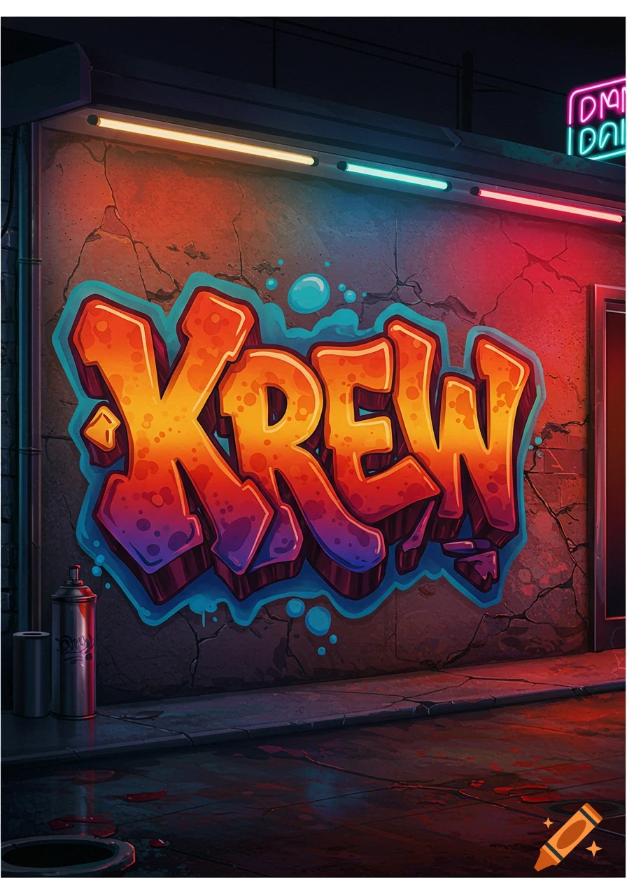 Colorful graffiti of the word 'KREW' on a cracked concrete wall, illuminated by neon lights in a dark, wet urban alley. Stylized digital art.