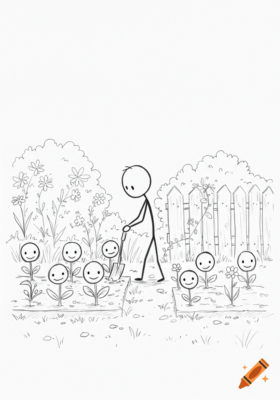 Black and white sketch of a stick figure gardening among smiling flower plants and a wooden fence.