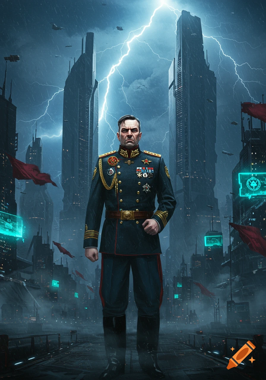 A man in a detailed military uniform stands in a futuristic, rainy city with towering skyscrapers and lightning.