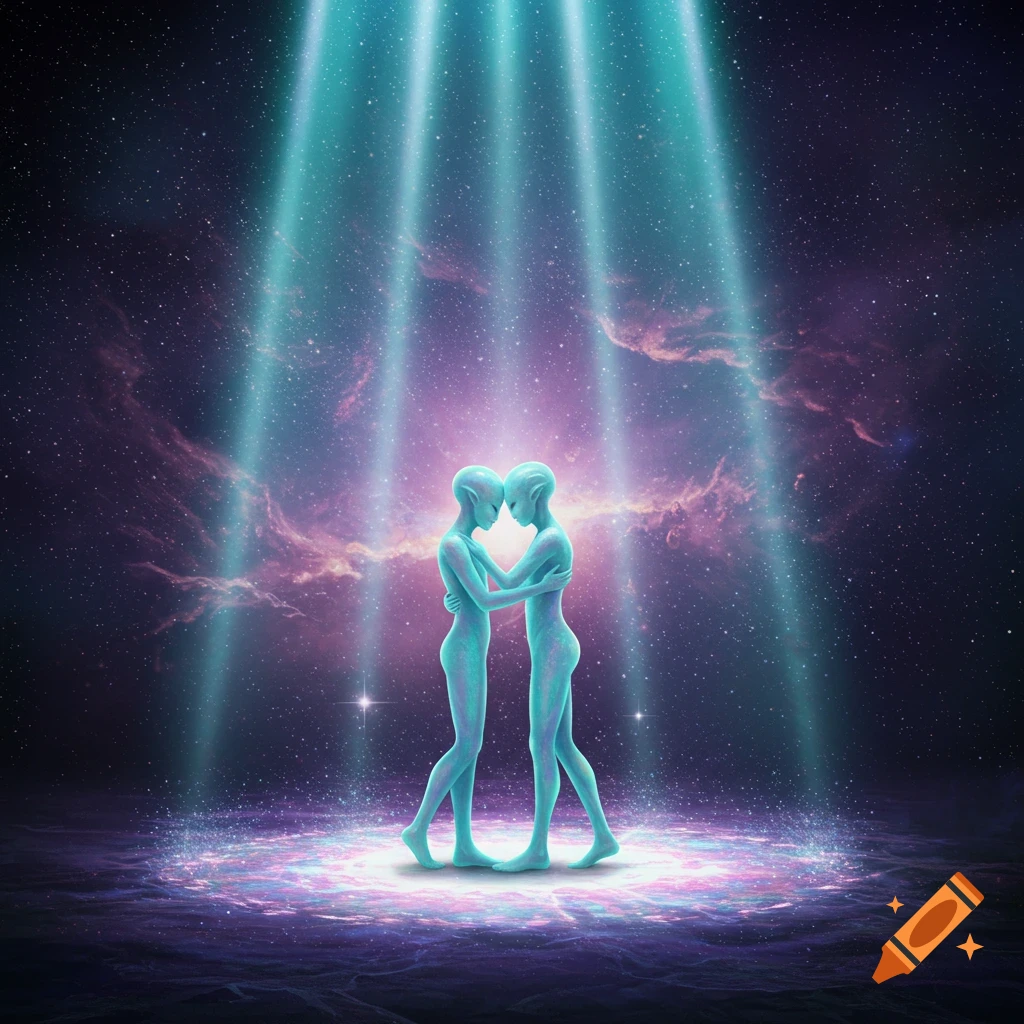 Two slender, turquoise alien figures embrace under bright light beams in a starry cosmic background with a swirling galaxy pattern on the ground.