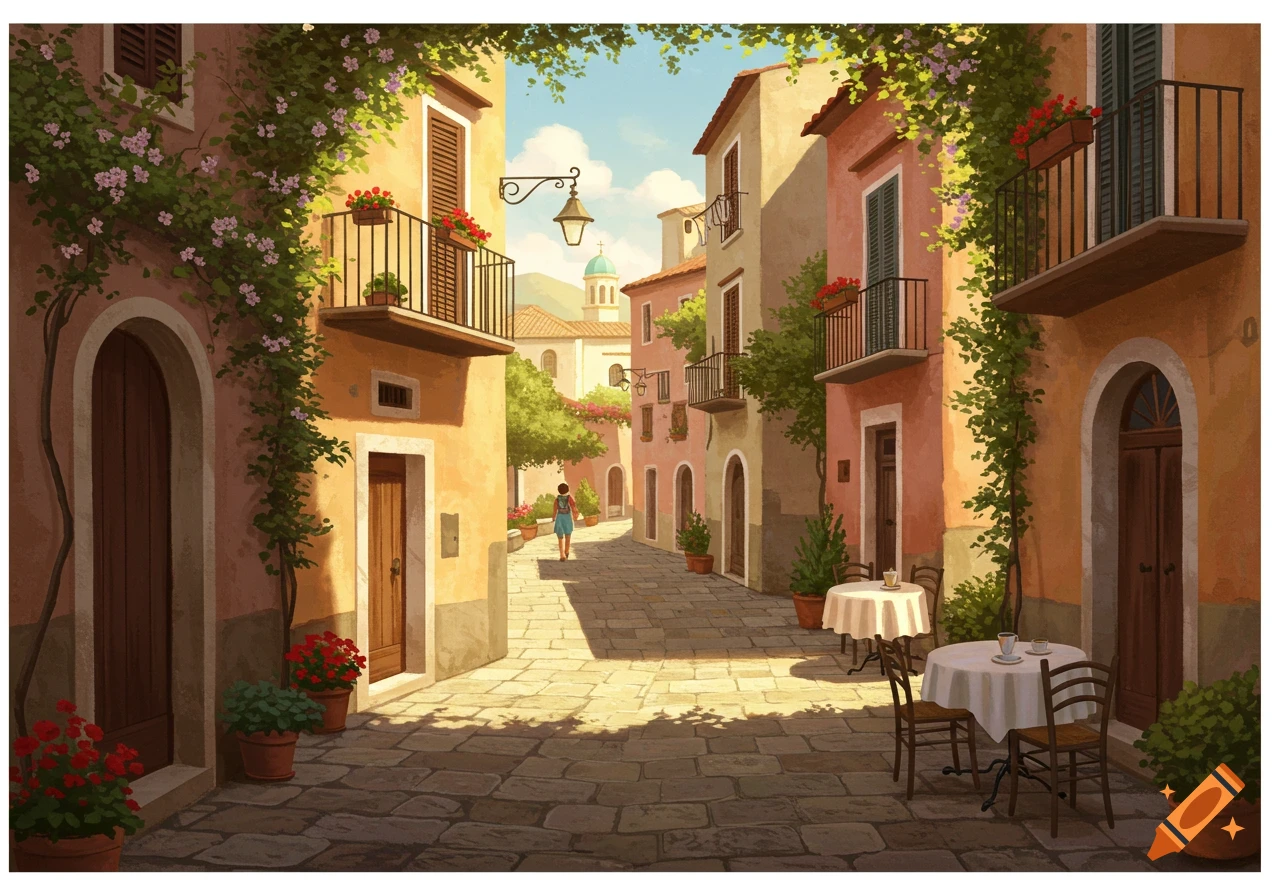 A vibrant illustration of a sunlit, narrow European street lined with colorful buildings, flowering vines, and an outdoor cafe, with a person walking in the distance.