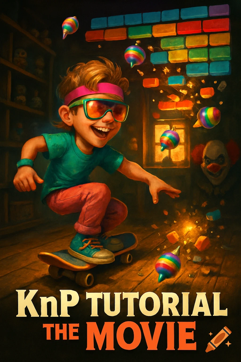 A vibrant 80s cartoon poster shows a smiling boy on a skateboard surrounded by colorful breaking bricks and spinning tops, with a creepy clown face in the background. The title reads "KnP Tutorial: The Movie".