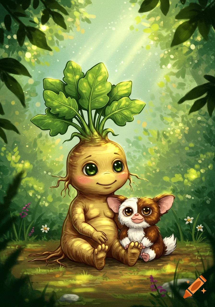 A cute, cartoon-style mandrake with leafy hair sits next to a small, brown and white mogwai, snuggling in a sun-dappled forest.