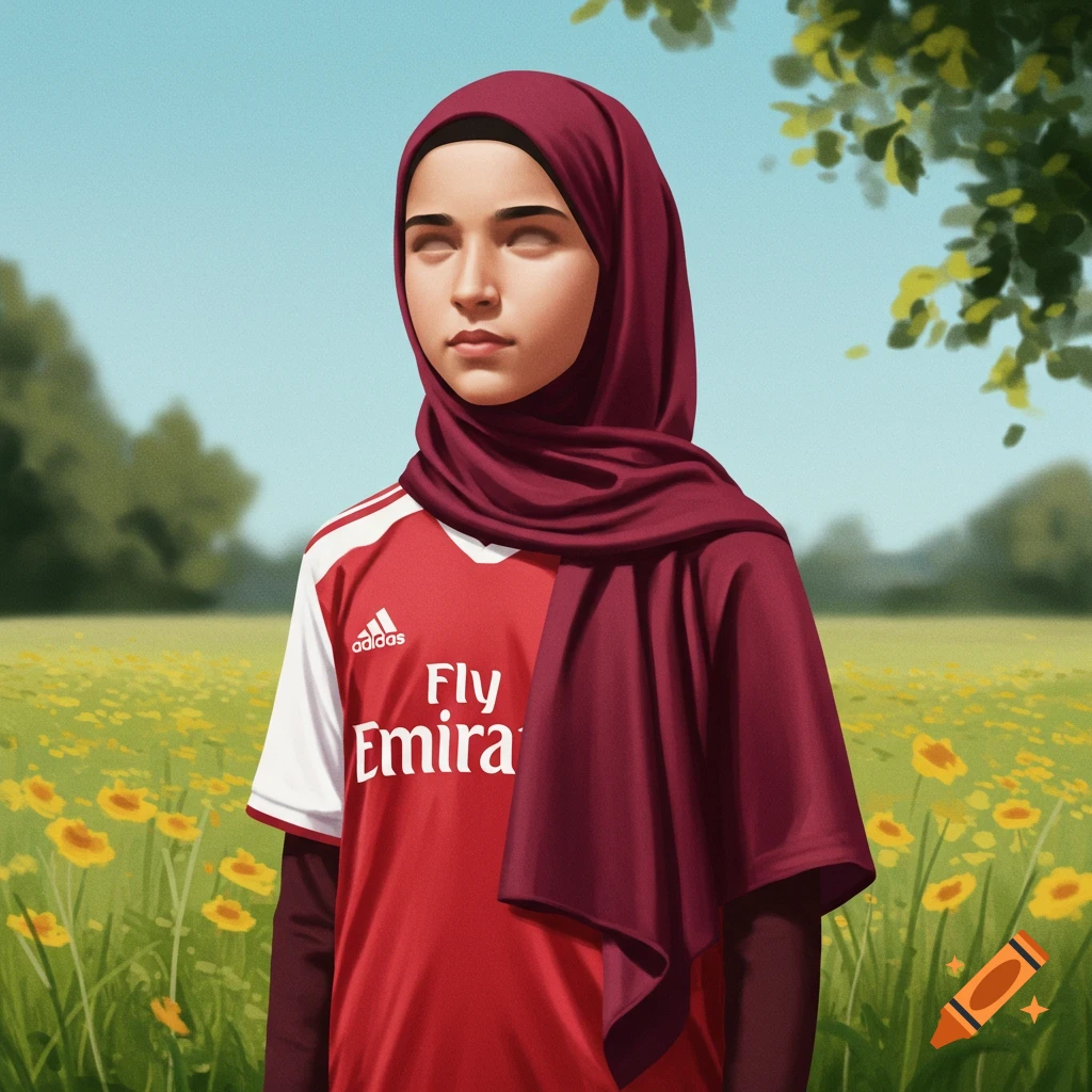A young girl in a maroon hijab and red and white soccer jersey stands in a field of yellow flowers under a blue sky, looking to the side with blank white eyes.