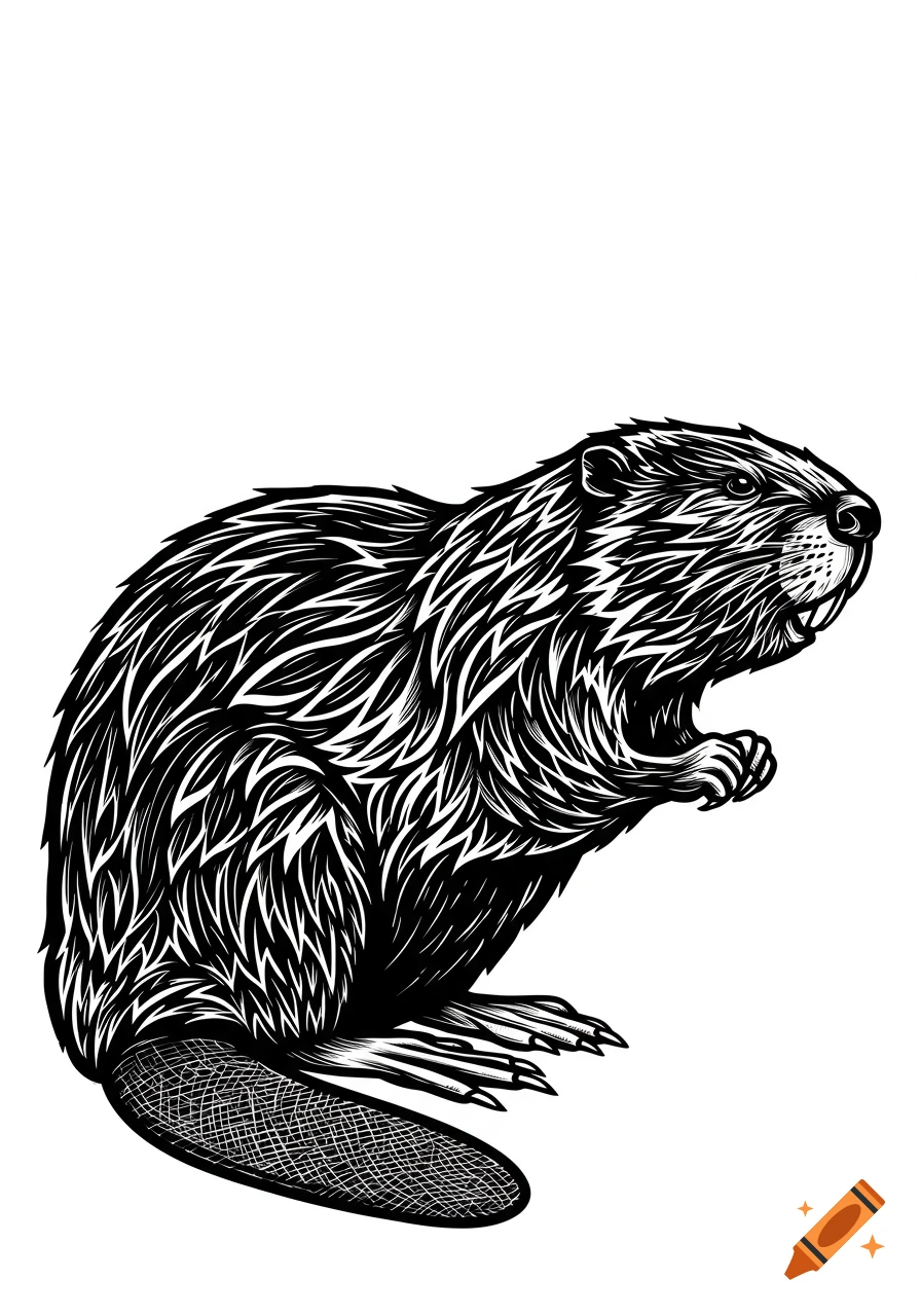 A black and white illustration of a beaver in a side profile, featuring a detailed, textured fur and flat tail.