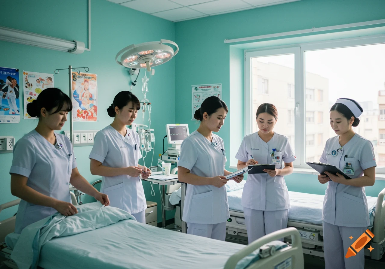 Five young Asian women nurses in white scrubs working in a light blue hospital room with medical equipment and beds.