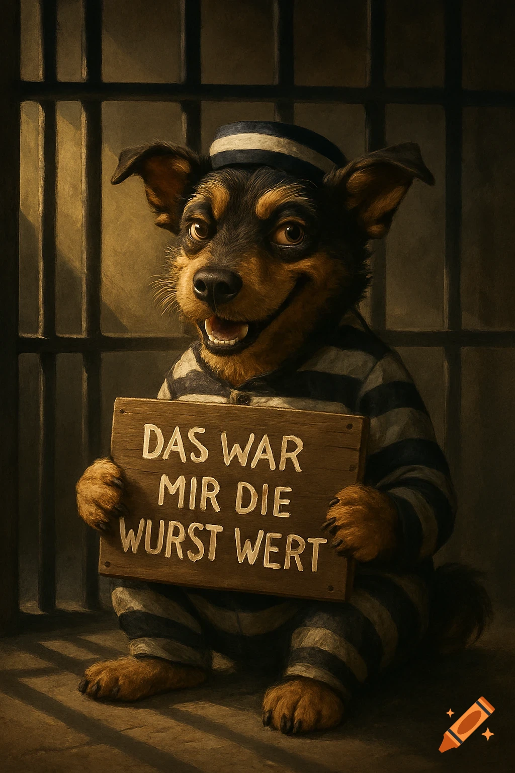 A smiling dog dressed as a prisoner sits in a jail cell, holding a sign that says 'DAS WAR MIR DIE WURST WERT' in a painted style.