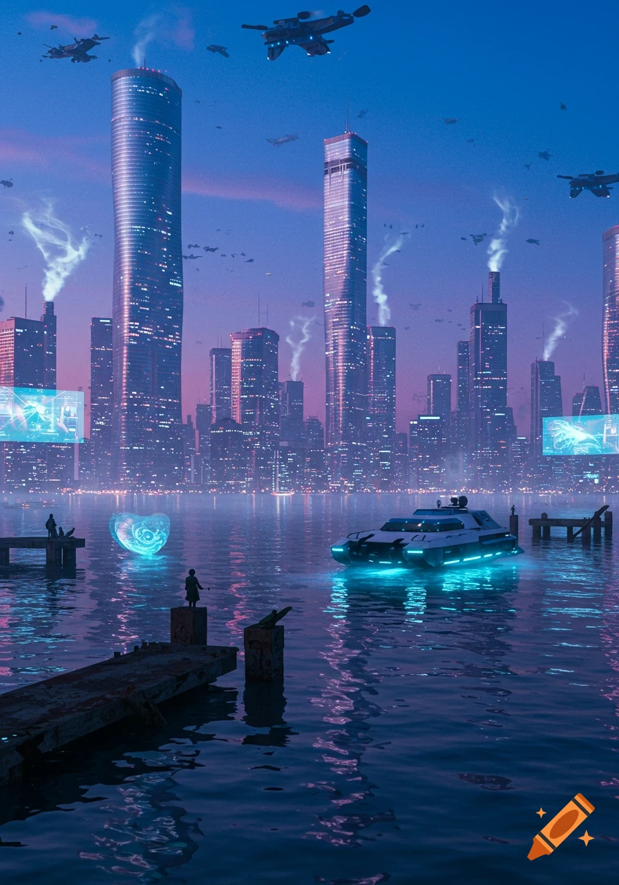 A futuristic cityscape at dusk with neon-lit skyscrapers, flying vehicles, and a glowing boat on the water.