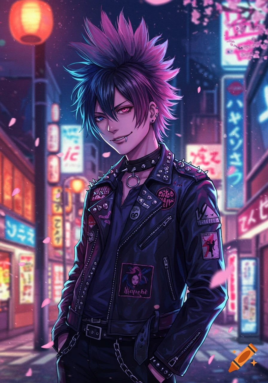 Anime punk character with spiked pink and blue hair, studded leather jacket, smiling with fangs in a neon-lit city at night.