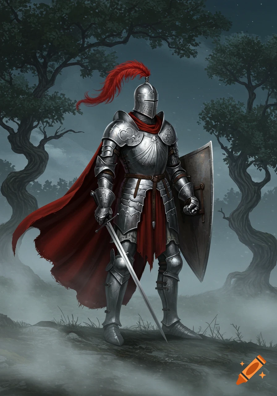 A fully armored knight with a red plume, red cape, sword, and shield stands in a misty forest. Detailed illustration.