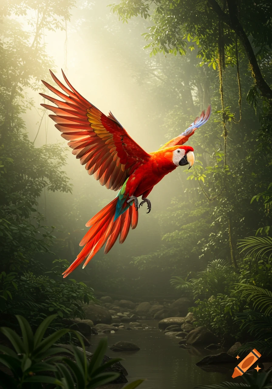 Vibrant red macaw in flight through a misty, sunlit jungle canopy above a rocky river.