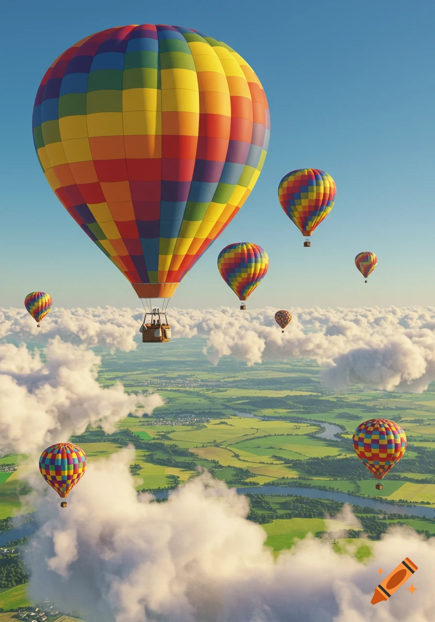 Many colorful hot air balloons float above fluffy white clouds, with a green, meandering river landscape visible below under a clear blue sky.