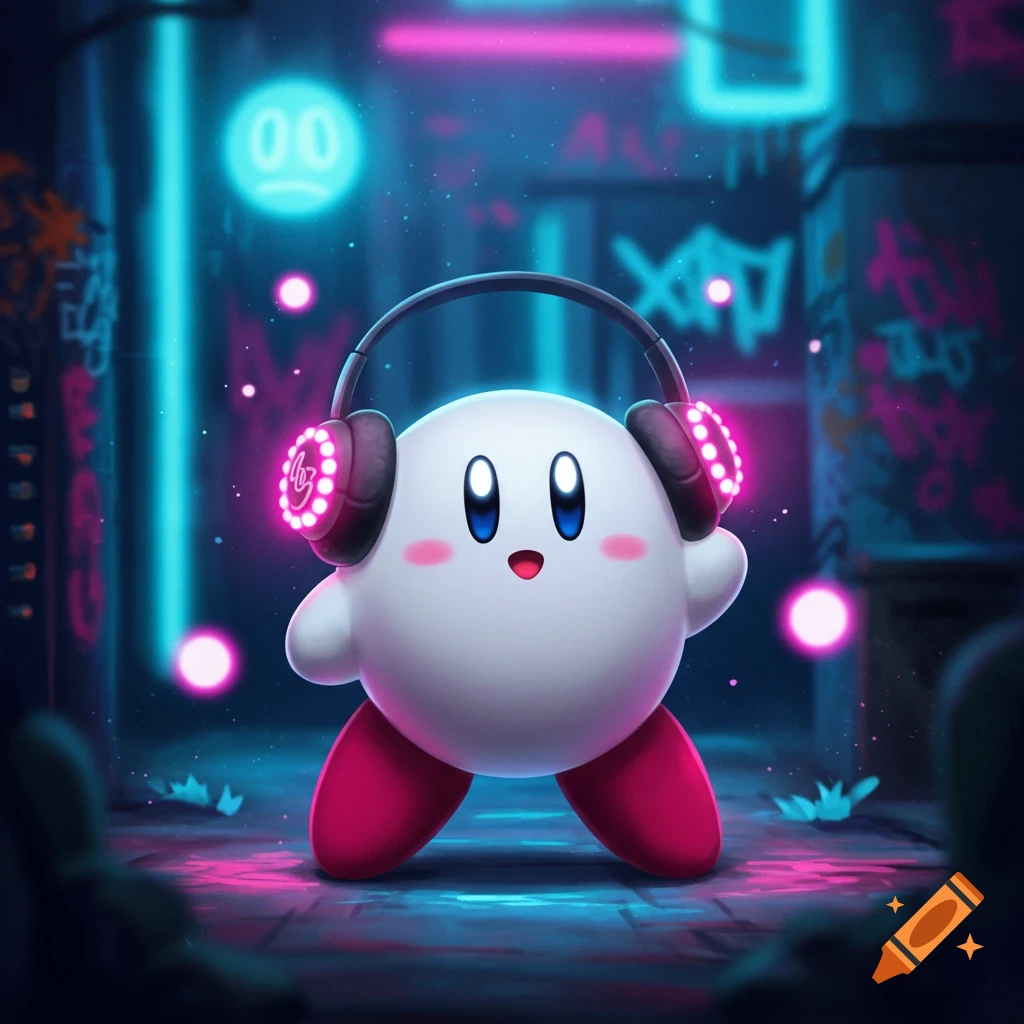 A white Kirby character wearing glowing headphones, standing in a neon-lit, graffiti-covered urban alleyway.