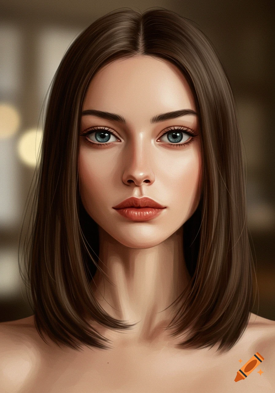 Digital art portrait of a woman with long brown hair, blue eyes, and fair skin, looking directly at the viewer.