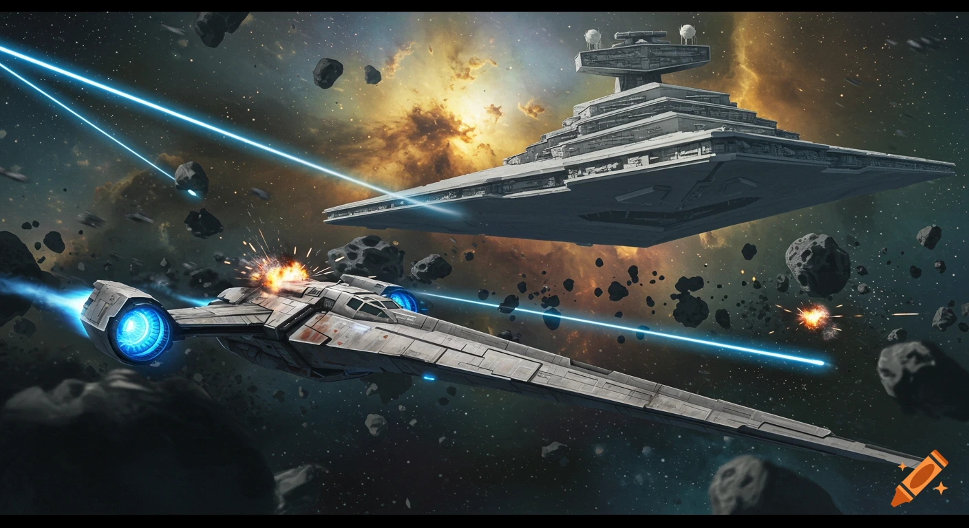 A space battle scene with a futuristic battleship firing blue energy beams at a large Star Destroyer-like vessel amidst asteroids and nebulae.