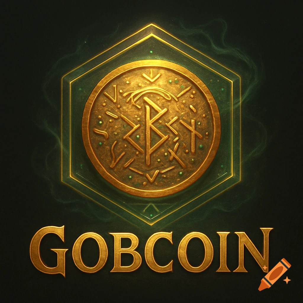 A golden hexagonal logo with a runic coin and 'GOBCoin' text below, on a dark green background with wisps.