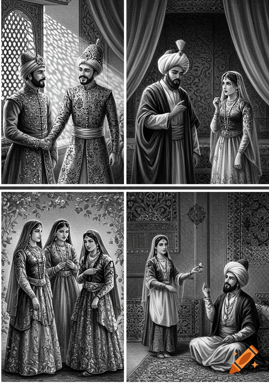 Four black-and-white illustrations depicting people in traditional Qajar Iranian court attire in various interactions.