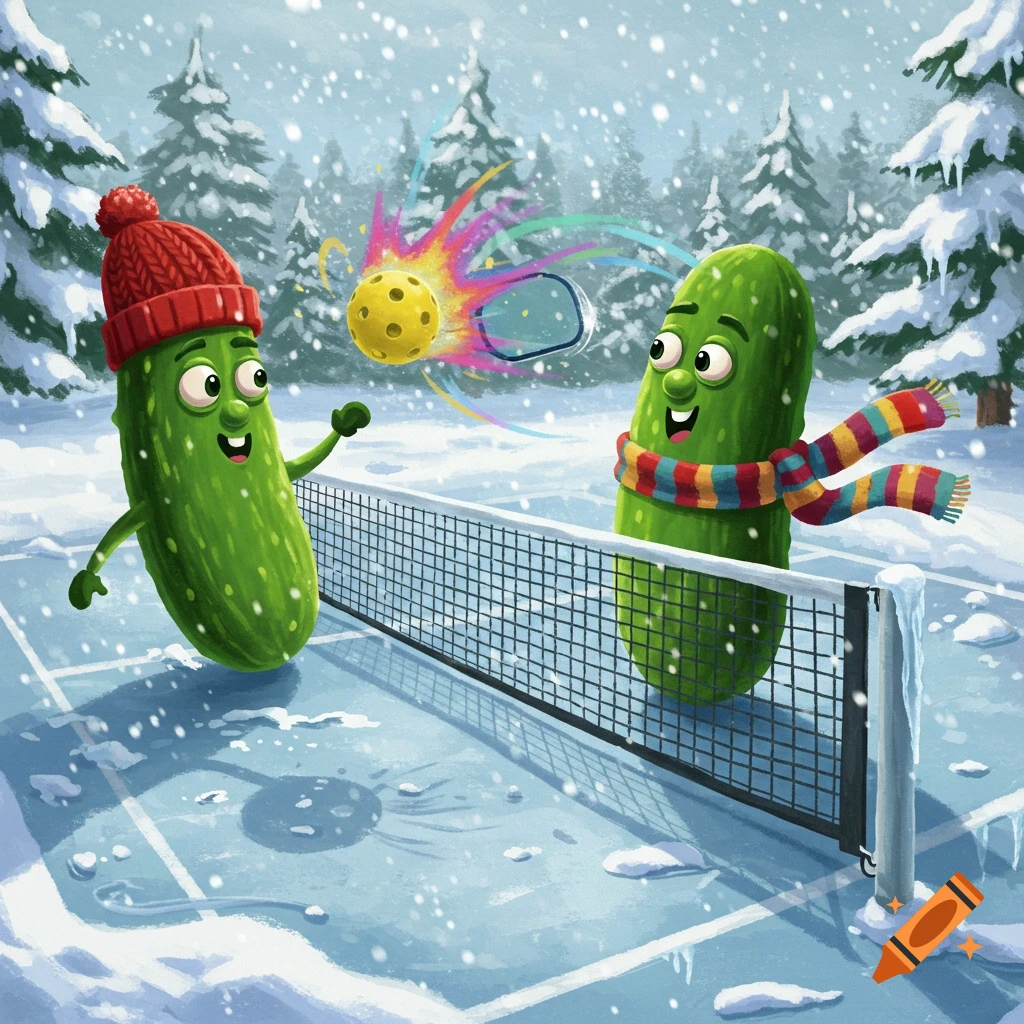 Two cartoon pickles in winter gear playing pickleball on a snowy court with pine trees, whimsical illustration.
